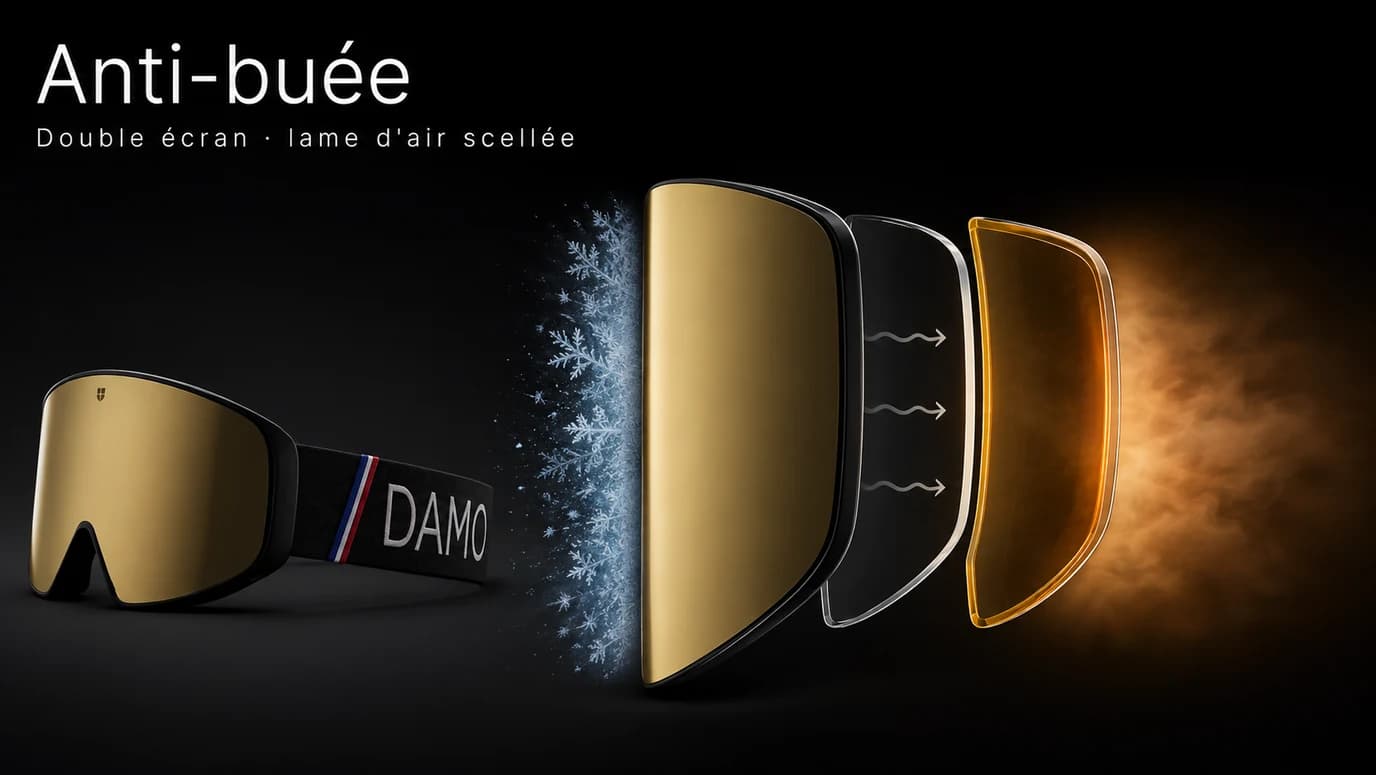 Coupe de l’écran double — couche miroir externe, lame d’air scellée isolante, couche interne anti-buée