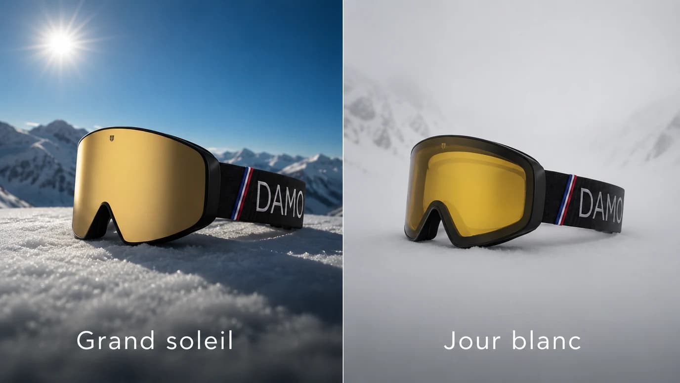 Le même masque en grand soleil avec l’écran iridium, puis dans le brouillard avec l’écran jaune
