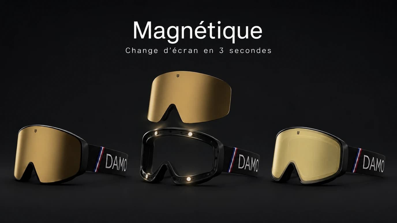 Changement d’écran magnétique en trois temps — écran doré, écran décollé au-dessus des aimants, écran jaune clipsé