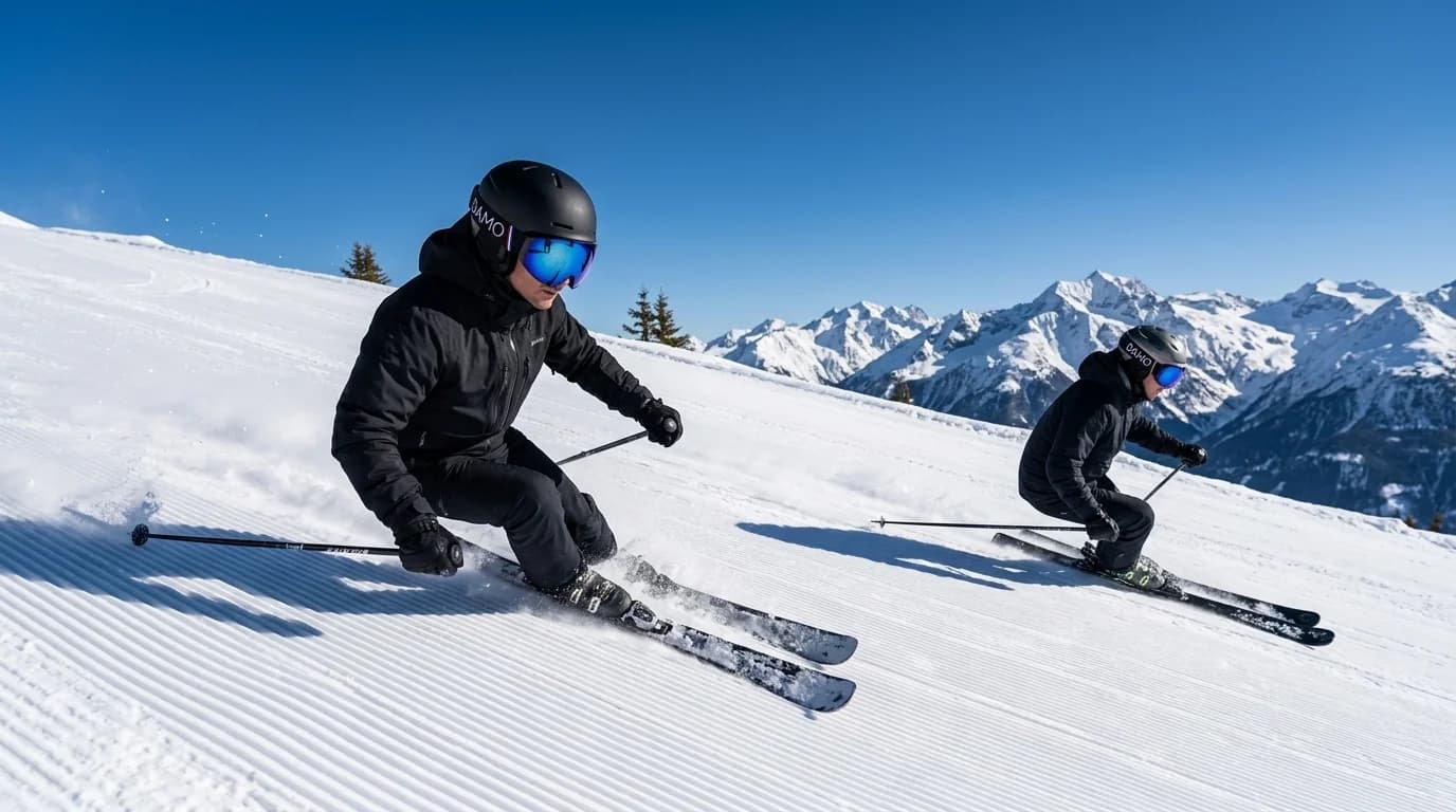 Duo de skieurs portant le masque Damo à écran bleu, haute montagne