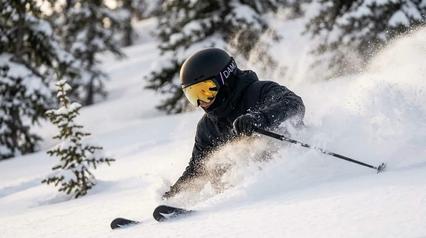 Skieur en poudreuse entre les sapins, masque Damo à écran doré