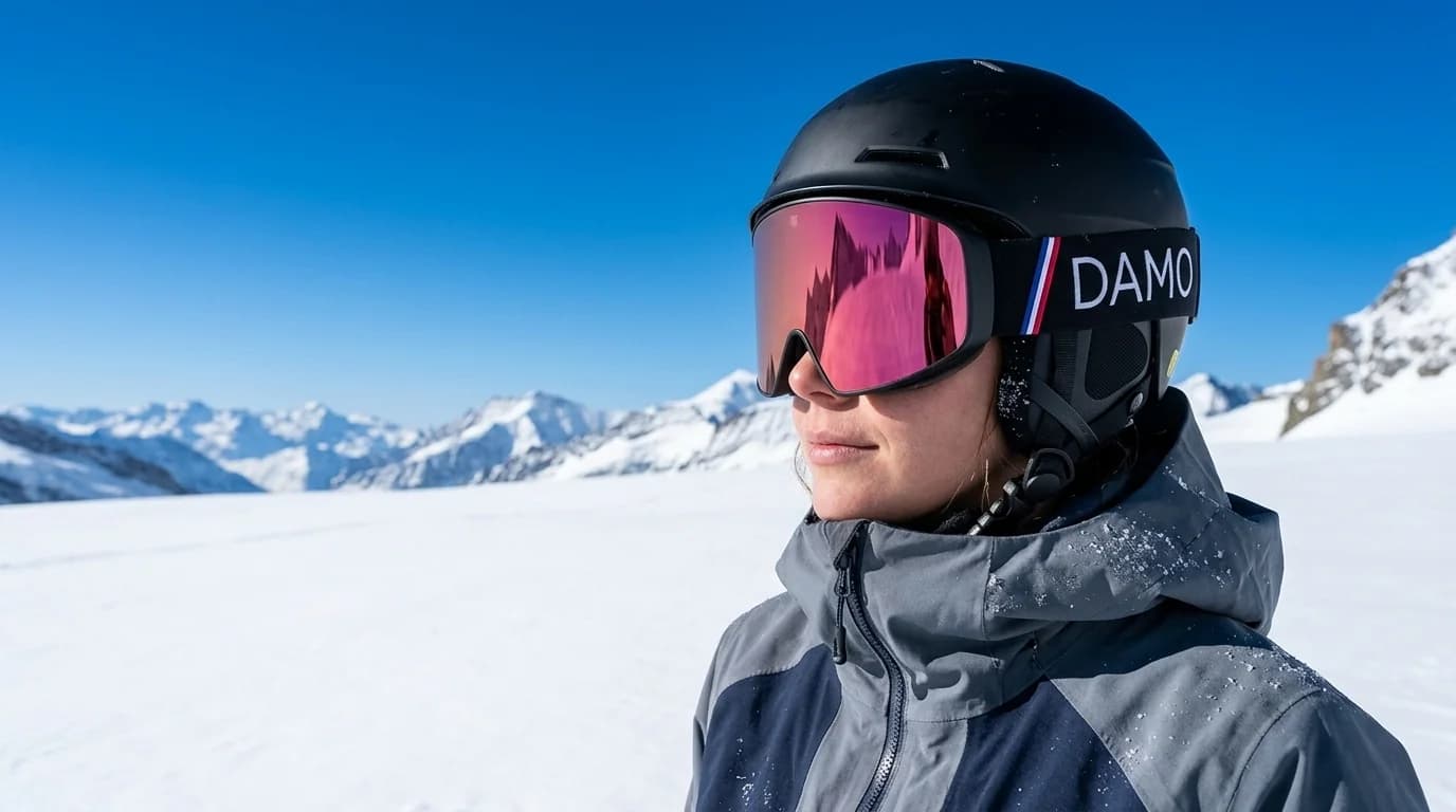 Skieuse sur glacier, masque Damo à écran rose alpin