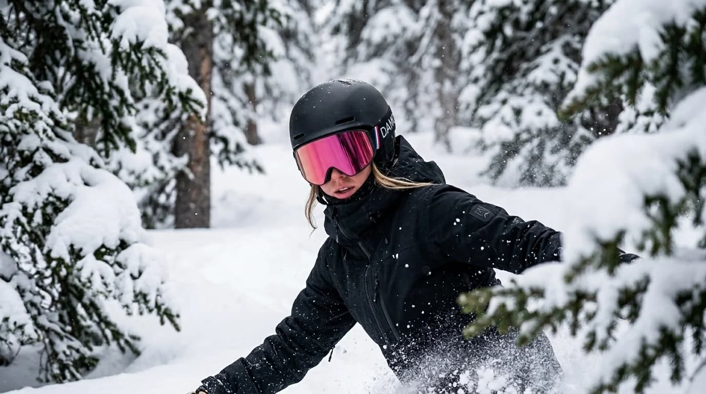 Skieuse en poudreuse, masque Damo à écran rose alpin