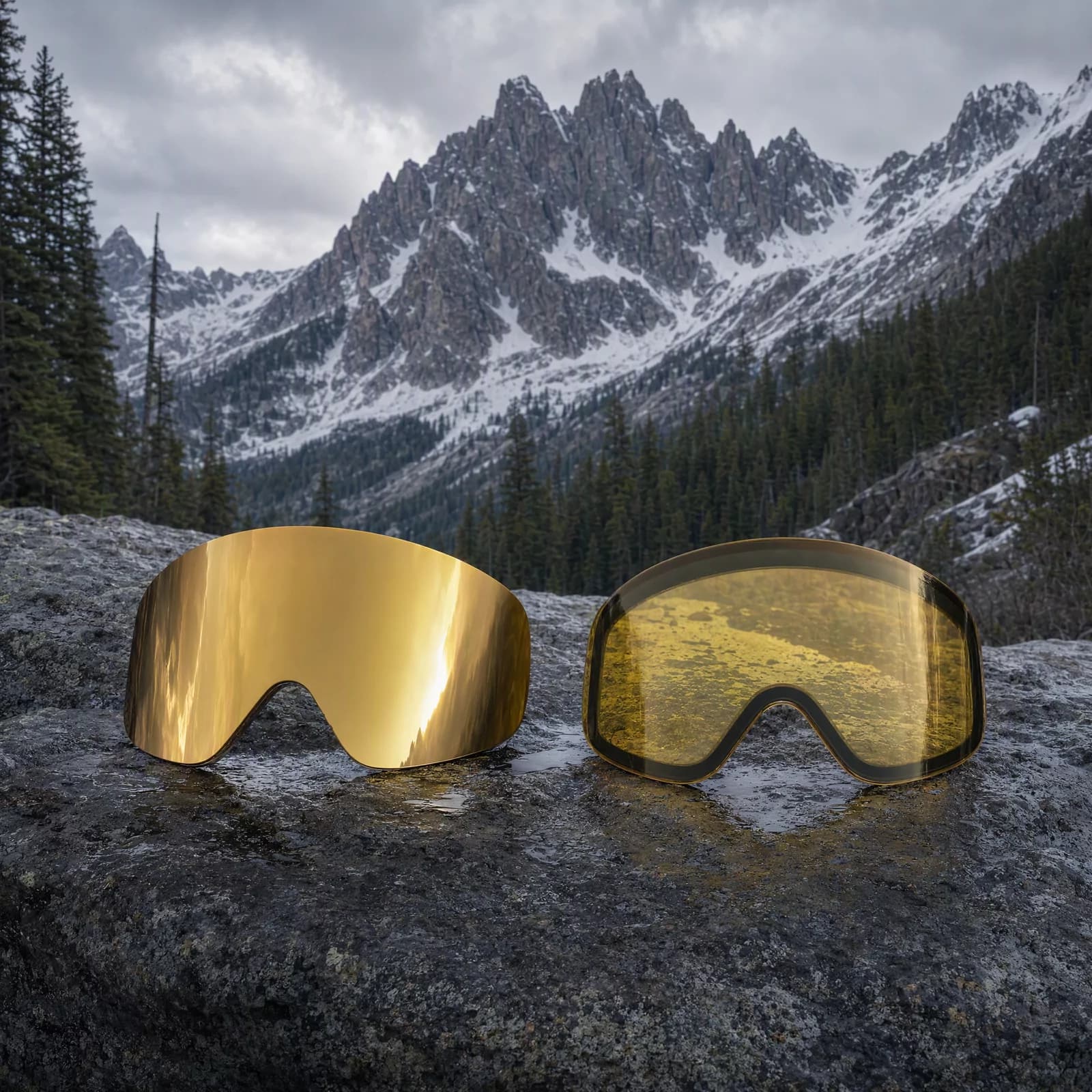 Écran Catégorie 3 miroir doré et écran brouillard jaune côte à côte sur un rocher, décor alpin